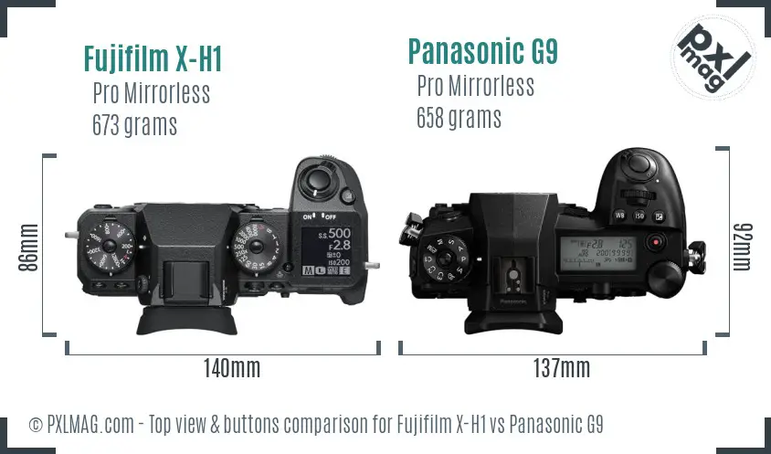 Fujifilm X-H1 vs Panasonic G9 top view buttons comparison