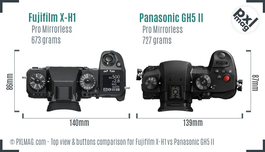 Fujifilm X-H1 vs Panasonic GH5 II top view buttons comparison