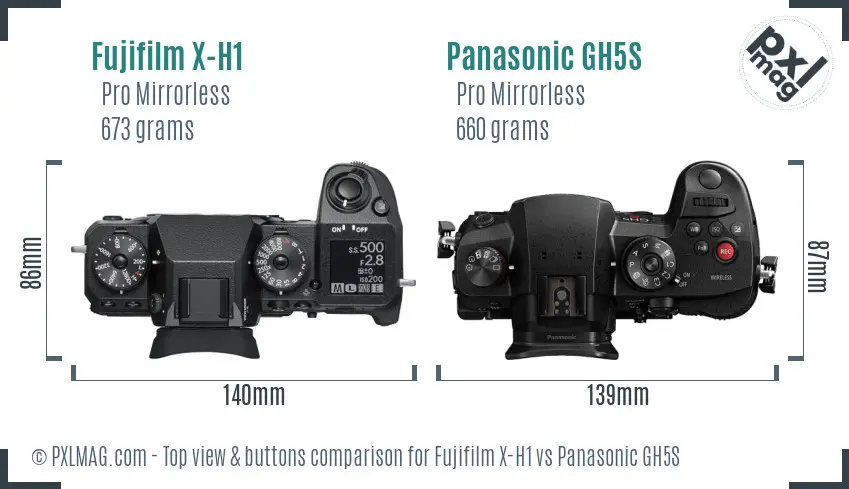 Fujifilm X-H1 vs Panasonic GH5S top view buttons comparison