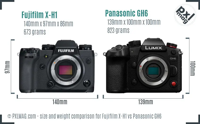 Fujifilm X-H1 vs Panasonic GH6 size comparison