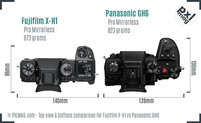 Fujifilm X-H1 vs Panasonic GH6 top view buttons comparison