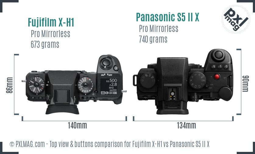 Fujifilm X-H1 vs Panasonic S5 II X top view buttons comparison