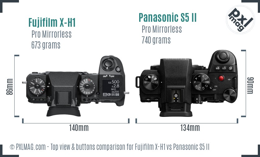 Fujifilm X-H1 vs Panasonic S5 II top view buttons comparison