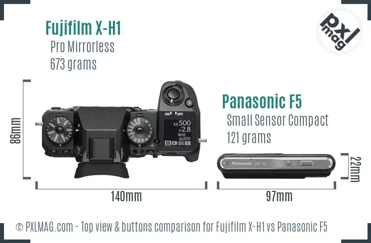 Fujifilm X-H1 vs Panasonic F5 top view buttons comparison