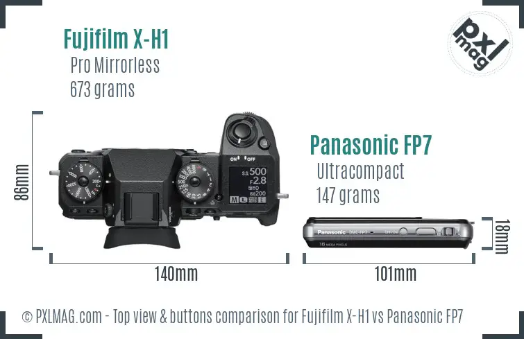 Fujifilm X-H1 vs Panasonic FP7 top view buttons comparison