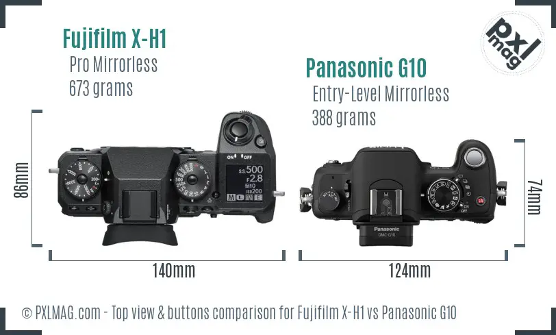 Fujifilm X-H1 vs Panasonic G10 top view buttons comparison