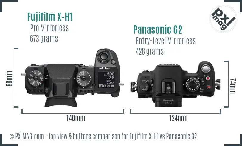 Fujifilm X-H1 vs Panasonic G2 top view buttons comparison