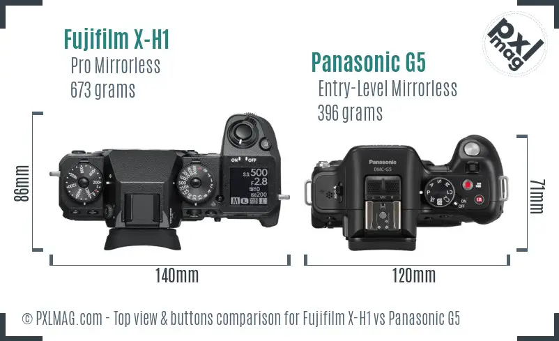 Fujifilm X-H1 vs Panasonic G5 top view buttons comparison