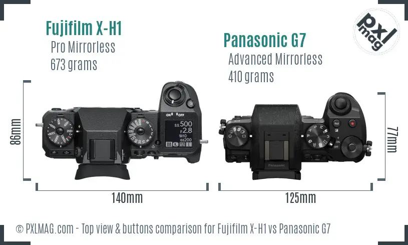 Fujifilm X-H1 vs Panasonic G7 top view buttons comparison