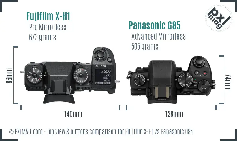Fujifilm X-H1 vs Panasonic G85 top view buttons comparison