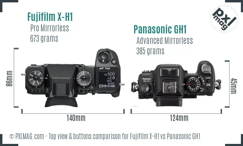 Fujifilm X-H1 vs Panasonic GH1 top view buttons comparison Fujifilm X-H1 vs Panasonic GH1 top view buttons comparison