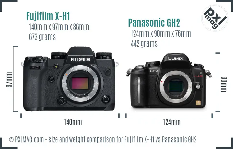 Fujifilm X-H1 vs Panasonic GH2 size comparison