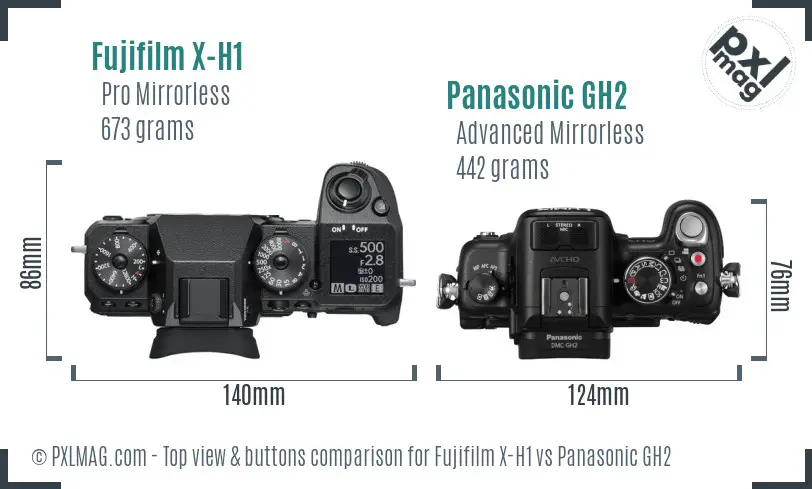 Fujifilm X-H1 vs Panasonic GH2 top view buttons comparison