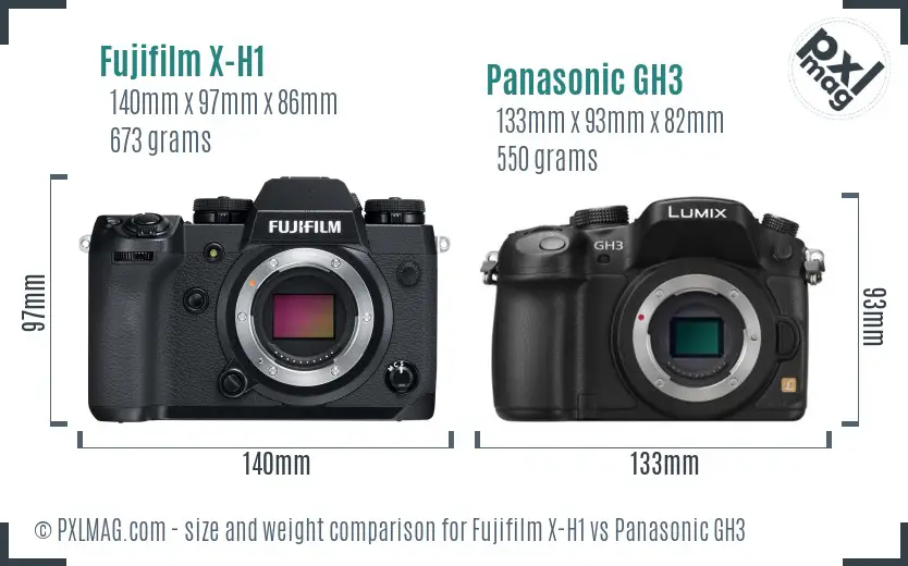 Fujifilm X-H1 vs Panasonic GH3 size comparison