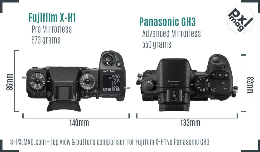 Fujifilm X-H1 vs Panasonic GH3 top view buttons comparison