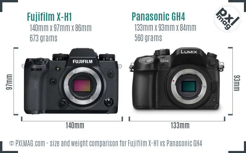 Fujifilm X-H1 vs Panasonic GH4 size comparison