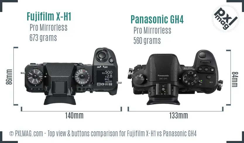 Fujifilm X-H1 vs Panasonic GH4 top view buttons comparison