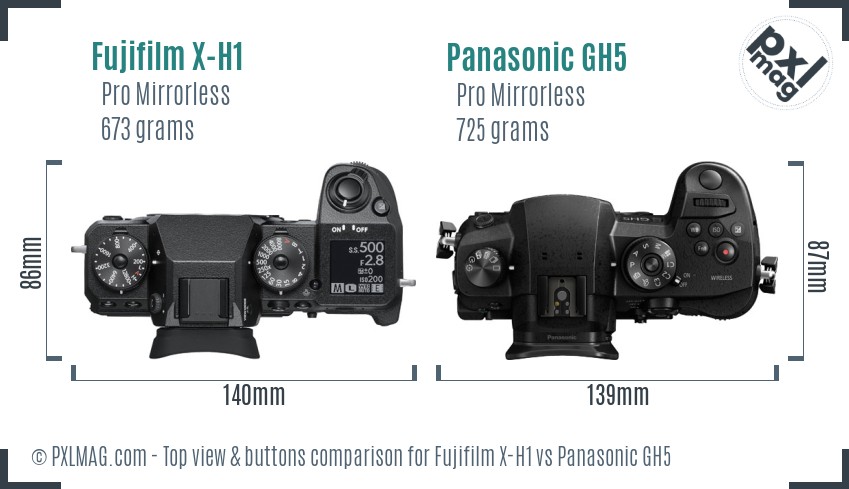 Fujifilm X-H1 vs Panasonic GH5 top view buttons comparison