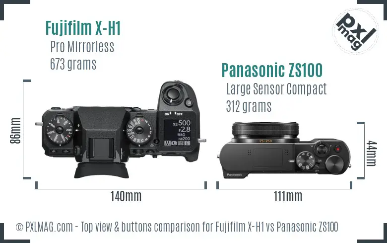 Fujifilm X-H1 vs Panasonic ZS100 top view buttons comparison