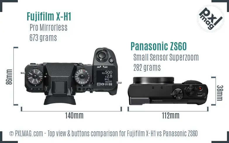 Fujifilm X-H1 vs Panasonic ZS60 top view buttons comparison