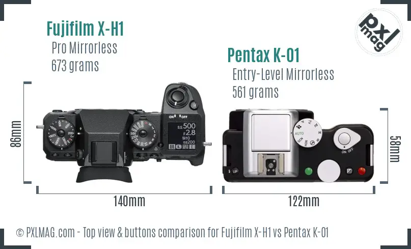 Fujifilm X-H1 vs Pentax K-01 top view buttons comparison