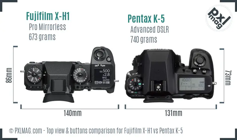 Fujifilm X-H1 vs Pentax K-5 top view buttons comparison