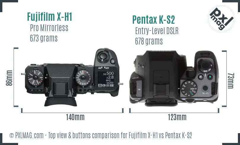 Fujifilm X-H1 vs Pentax K-S2 top view buttons comparison