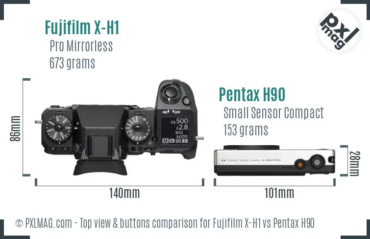 Fujifilm X-H1 vs Pentax H90 top view buttons comparison