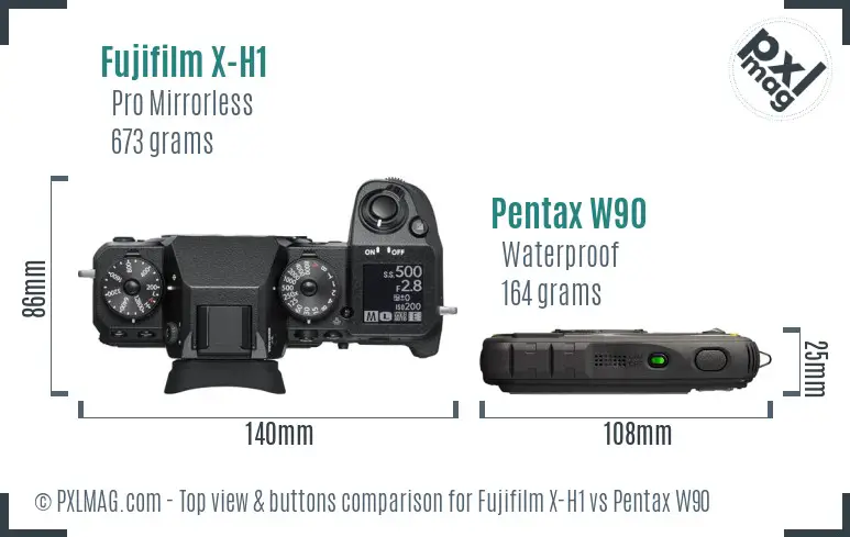 Fujifilm X-H1 vs Pentax W90 top view buttons comparison