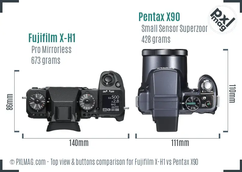 Fujifilm X-H1 vs Pentax X90 top view buttons comparison