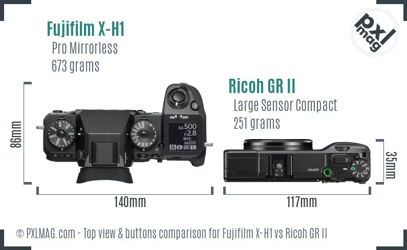 Fujifilm X-H1 vs Ricoh GR II top view buttons comparison