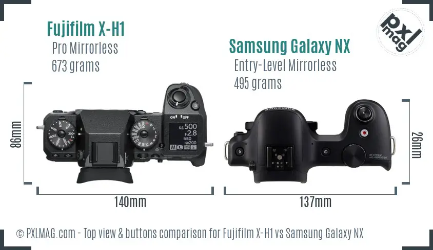 Fujifilm X-H1 vs Samsung Galaxy NX top view buttons comparison
