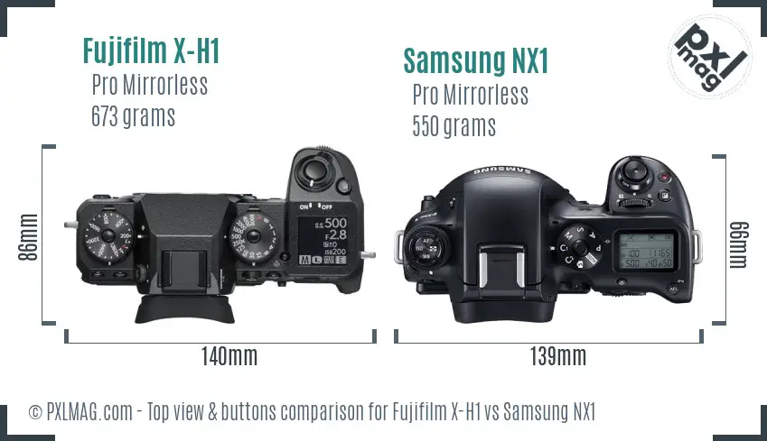 Fujifilm X-H1 vs Samsung NX1 top view buttons comparison