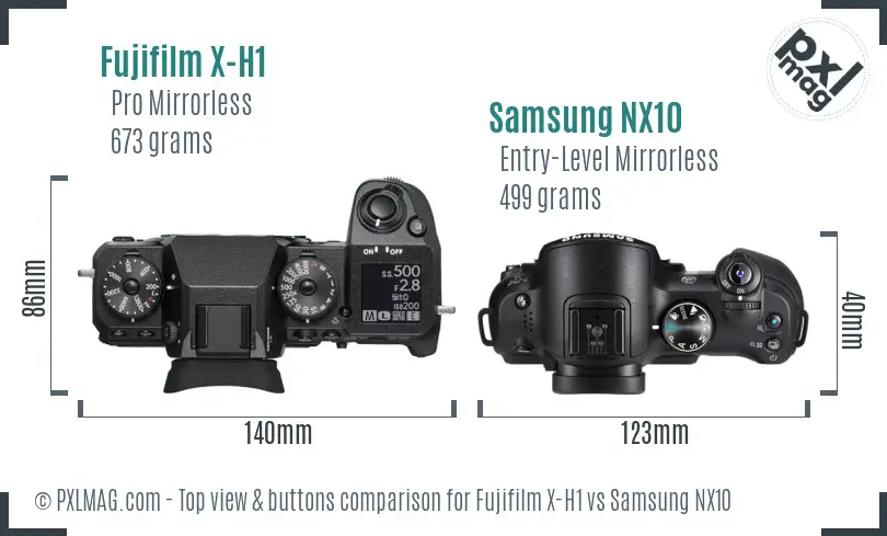Fujifilm X-H1 vs Samsung NX10 top view buttons comparison