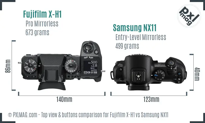 Fujifilm X-H1 vs Samsung NX11 top view buttons comparison
