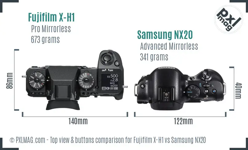 Fujifilm X-H1 vs Samsung NX20 top view buttons comparison