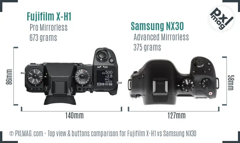 Fujifilm X-H1 vs Samsung NX30 top view buttons comparison Fujifilm X-H1 vs Samsung NX30 top view buttons comparison