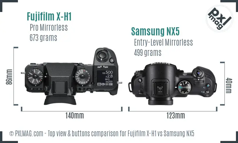 Fujifilm X-H1 vs Samsung NX5 top view buttons comparison