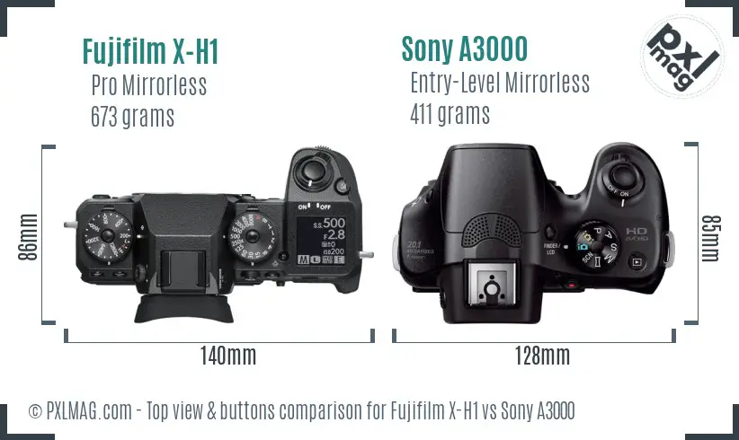Fujifilm X-H1 vs Sony A3000 top view buttons comparison