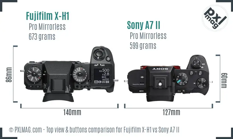 Fujifilm X-H1 vs Sony A7 II top view buttons comparison