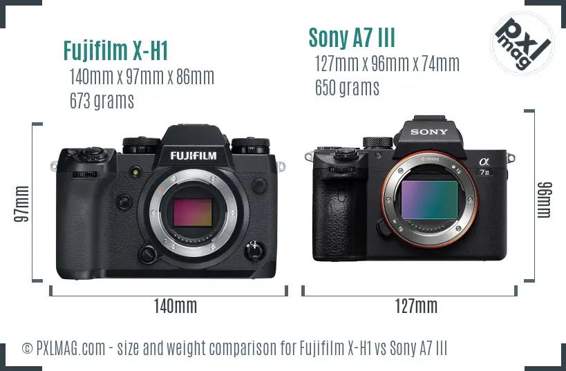 Fujifilm X-H1 vs Sony A7 III size comparison