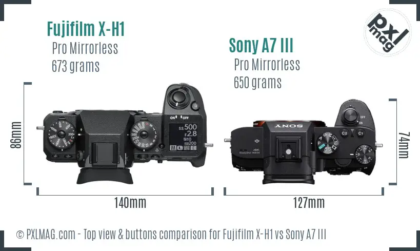 Fujifilm X-H1 vs Sony A7 III top view buttons comparison