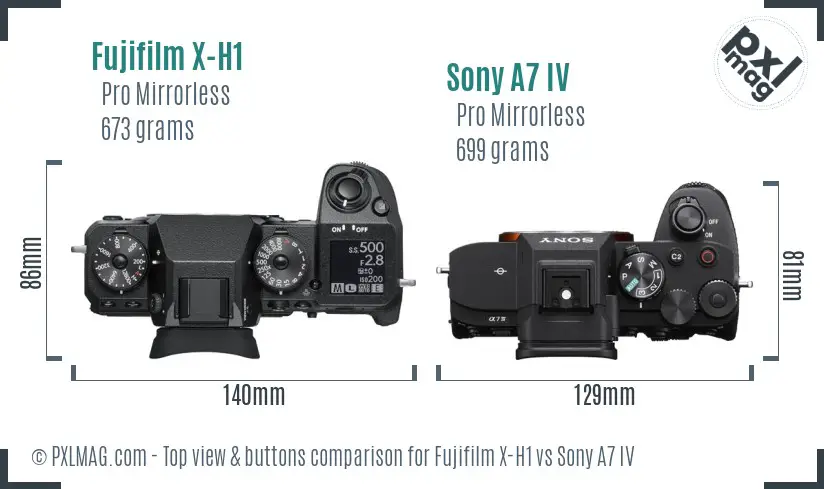 Fujifilm X-H1 vs Sony A7 IV top view buttons comparison