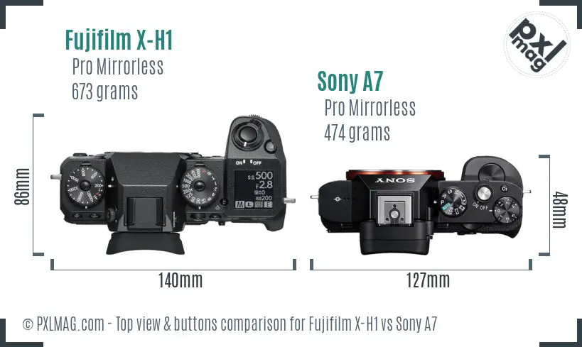 Fujifilm X-H1 vs Sony A7 top view buttons comparison