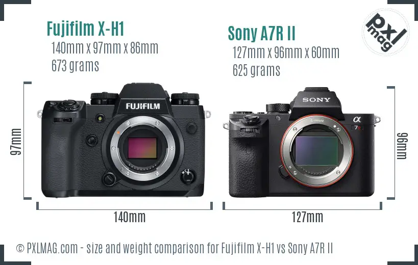 Fujifilm X-H1 vs Sony A7R II size comparison