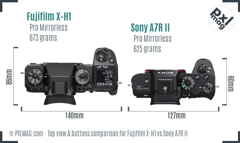 Fujifilm X-H1 vs Sony A7R II top view buttons comparison