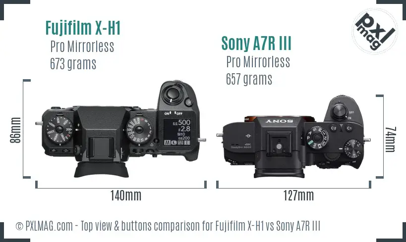Fujifilm X-H1 vs Sony A7R III top view buttons comparison