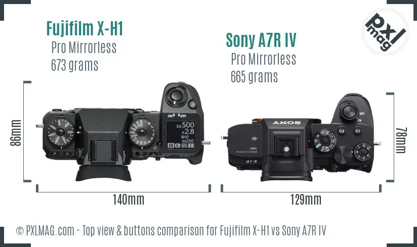 Fujifilm X-H1 vs Sony A7R IV top view buttons comparison