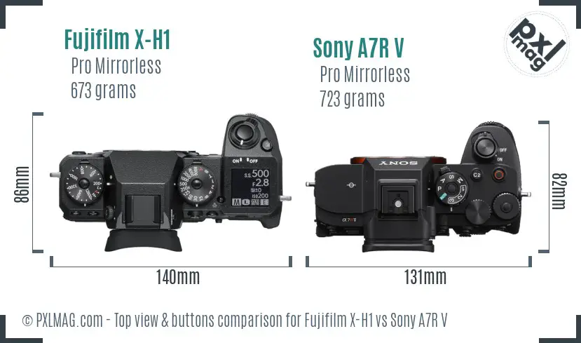 Fujifilm X-H1 vs Sony A7R V top view buttons comparison