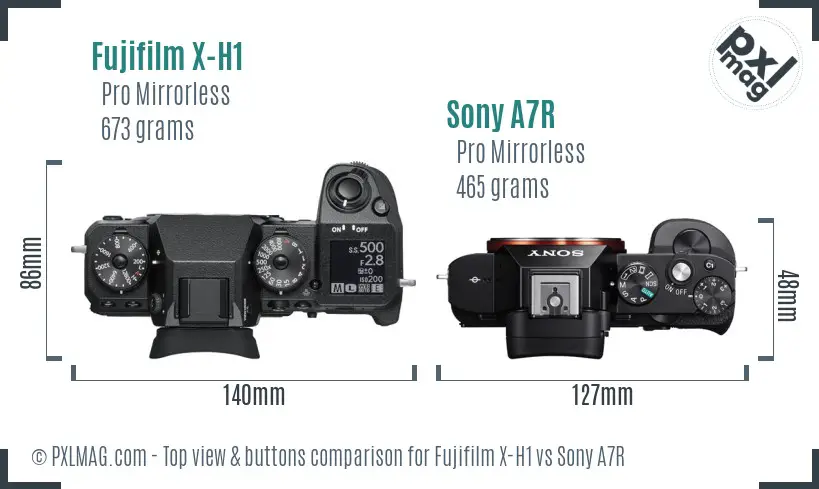 Fujifilm X-H1 vs Sony A7R top view buttons comparison